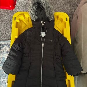 Calvin Klein Jeans Kids Longline Black Coat with Fur Hood
